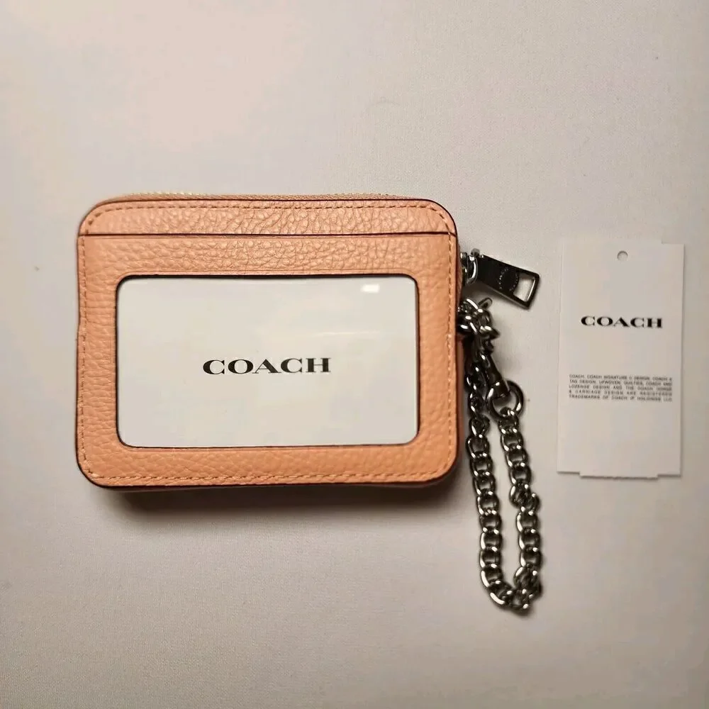 NWT 6303 Coach Zip Card Case With Chain Leather Faded Blush